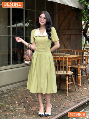 Đầm thiết kế BEMINE cổ phối nơ dáng xòe dài MT9808 3