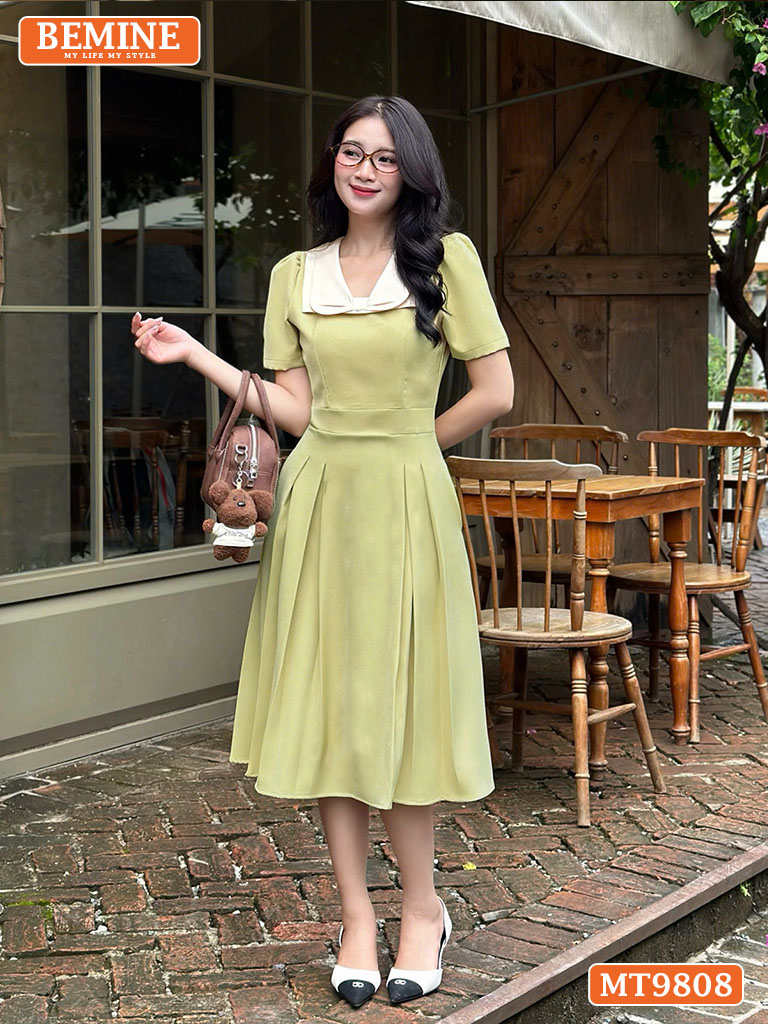 Đầm thiết kế BEMINE cổ phối nơ dáng xòe dài MT9808 3