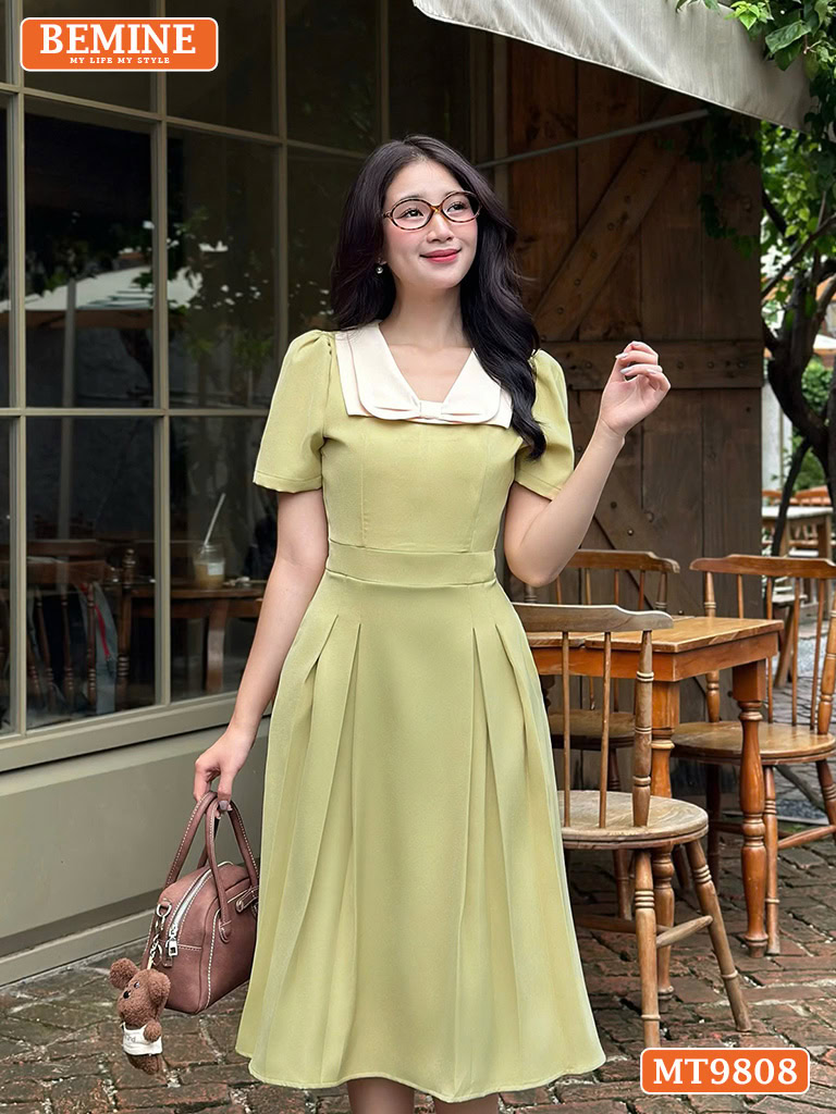 Đầm thiết kế BEMINE cổ phối nơ dáng xòe dài MT9808