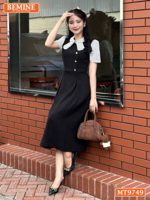 Đầm thiết kế BEMINE cổ sen có nơ may liền phối sọc dáng A MT9749 2