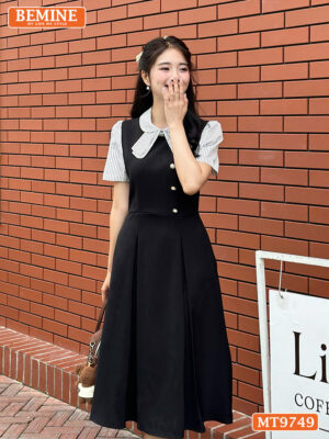 Đầm thiết kế BEMINE cổ sen có nơ may liền phối sọc dáng A MT9749 2