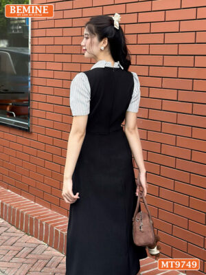 Đầm thiết kế BEMINE cổ sen có nơ may liền phối sọc dáng A MT9749 4