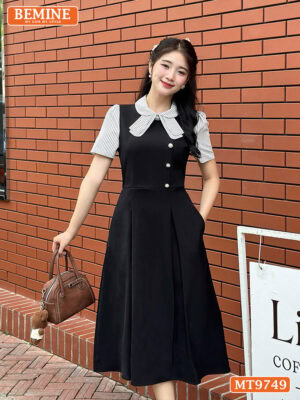 Đầm thiết kế BEMINE cổ sen có nơ may liền phối sọc dáng A MT9749 1