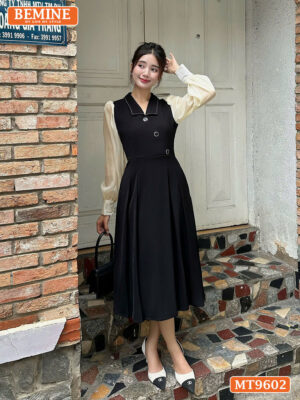 Đầm thiết kế cổ bẻ tay dài đính cúc dáng dài MT9602 3