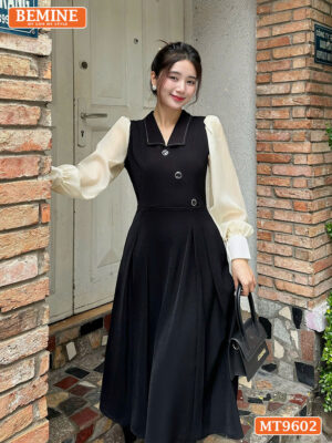 Đầm thiết kế cổ bẻ tay dài đính cúc dáng dài MT9602 2