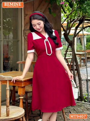 Đầm thiết kế BEMINE cổ V có cavat dáng xòe MT9407 3