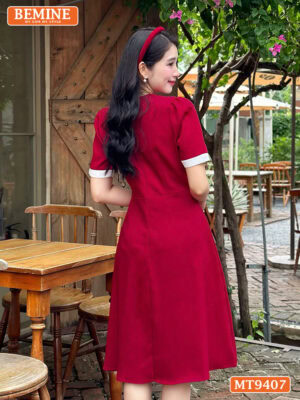 Đầm thiết kế BEMINE cổ V có cavat dáng xòe MT9407 4
