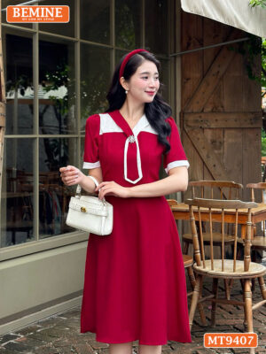 Đầm thiết kế BEMINE cổ V có cavat dáng xòe MT9407 1