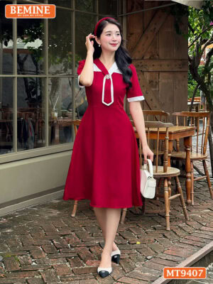 Đầm thiết kế BEMINE cổ V có cavat dáng xòe MT9407 2