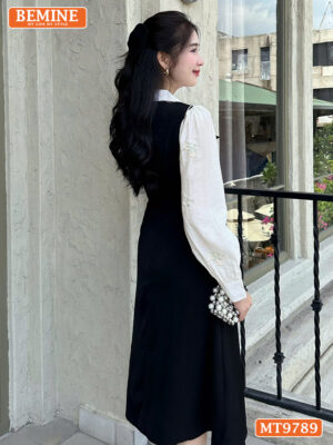 Đầm thiết kế BEMINE cổ đức có nơ dáng A tay dài phối tơ thêu hoa MT9789