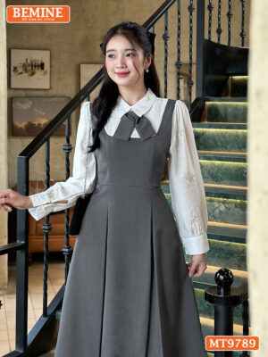 Đầm thiết kế BEMINE cổ đức có nơ dáng A tay dài phối tơ thêu hoa MT9789 2