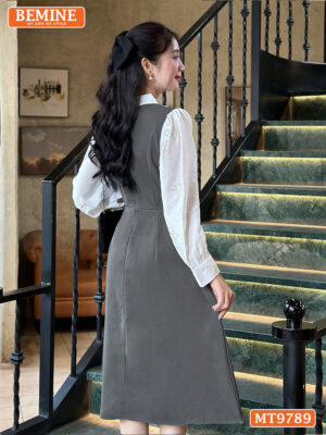 Đầm thiết kế BEMINE cổ đức có nơ dáng A tay dài phối tơ thêu hoa MT9789 4