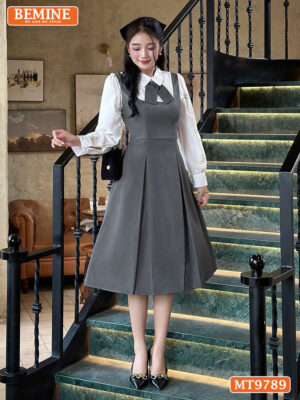 Đầm thiết kế BEMINE cổ đức có nơ dáng A tay dài phối tơ thêu hoa MT9789 3
