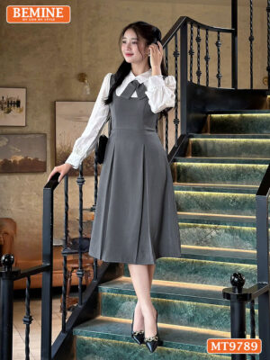 Đầm thiết kế BEMINE cổ đức có nơ dáng A tay dài phối tơ thêu hoa MT9789 1