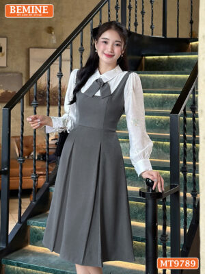 Đầm thiết kế BEMINE cổ đức có nơ dáng A tay dài phối tơ thêu hoa MT9789