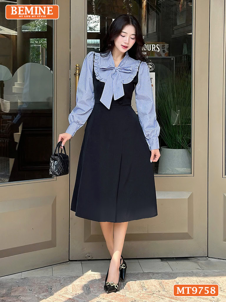 Top 10+ Mẫu Váy Xòe Liền Thân Công Sở Đẹp Cho Các Cô Nàng Đầm thiết kế BEMINE cổ nơ phối sọc viền bèo MT9758