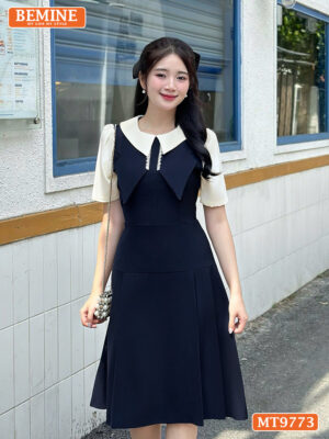 Đầm thiết kế BEMINE cổ phối dáng A tùng xếp ly ngực cánh bướm MT9773 2