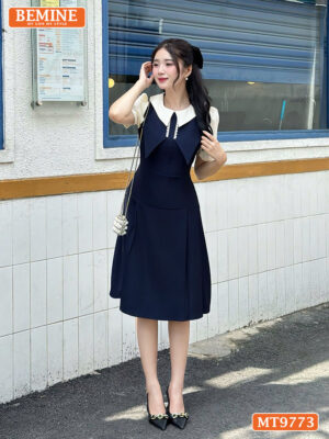 Đầm thiết kế BEMINE cổ phối dáng A tùng xếp ly ngực cánh bướm MT9773 1