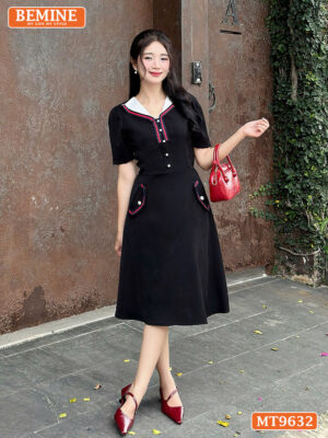 Đầm thiết kế BEMINE cổ phối viền dáng chữ A túi giả MT9632 3