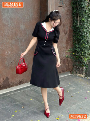 Đầm thiết kế BEMINE cổ phối viền dáng chữ A túi giả MT9632 1