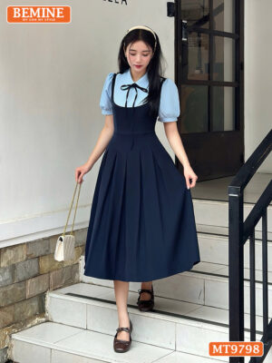 Đầm thiết kế BEMINE cổ sơ mi dáng xòe dài tùng xếp ly tay phồng MT9798 2