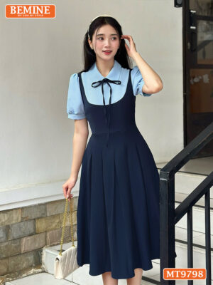 Đầm thiết kế BEMINE cổ sơ mi dáng xòe dài tùng xếp ly tay phồng MT9798 3