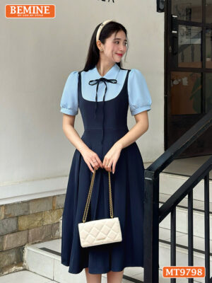 Đầm thiết kế BEMINE cổ sơ mi dáng xòe dài tùng xếp ly tay phồng MT9798 1