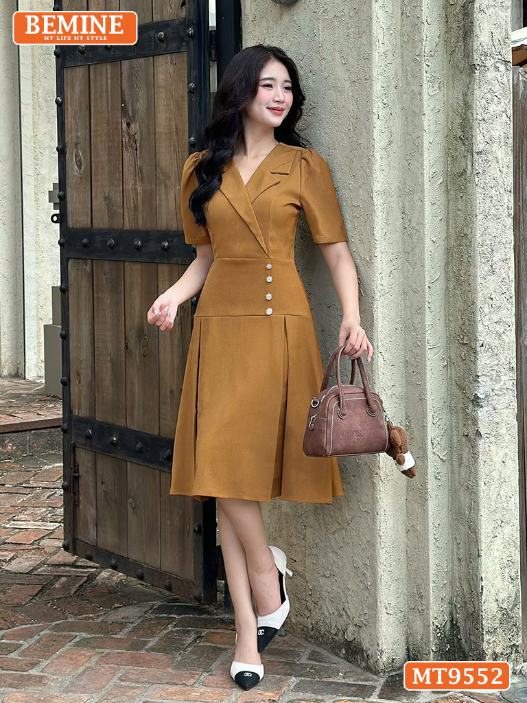 Đầm thiết kế BEMINE cổ vest dáng chữ A eo đính cúc MT9552 3