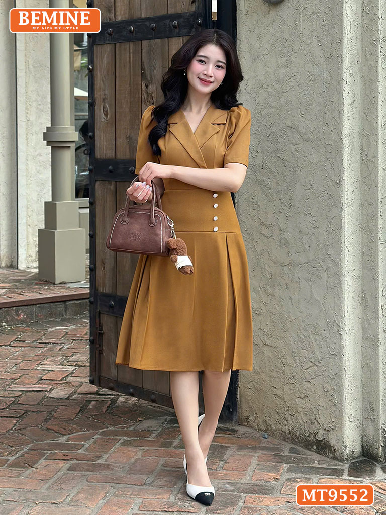 Đầm thiết kế BEMINE cổ vest dáng chữ A eo đính cúc MT9552 1