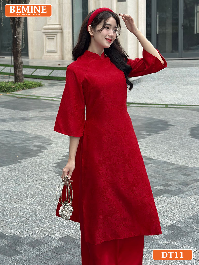 Áo dài gấm hoa BEMINE cổ truyền thống tay lỡ DT11