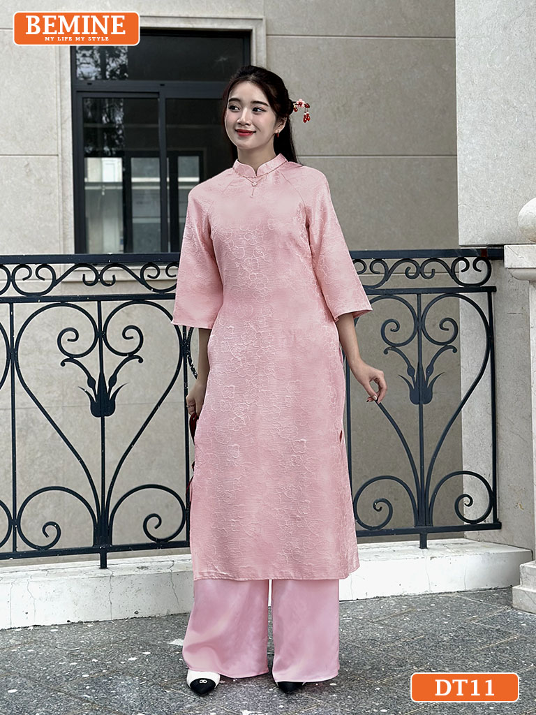 Áo dài gấm hoa BEMINE cổ truyền thống tay lỡ DT11