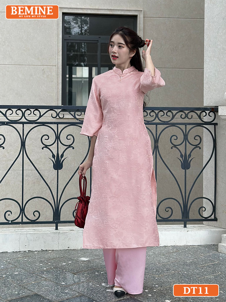 Áo dài gấm hoa BEMINE cổ truyền thống tay lỡ DT11
