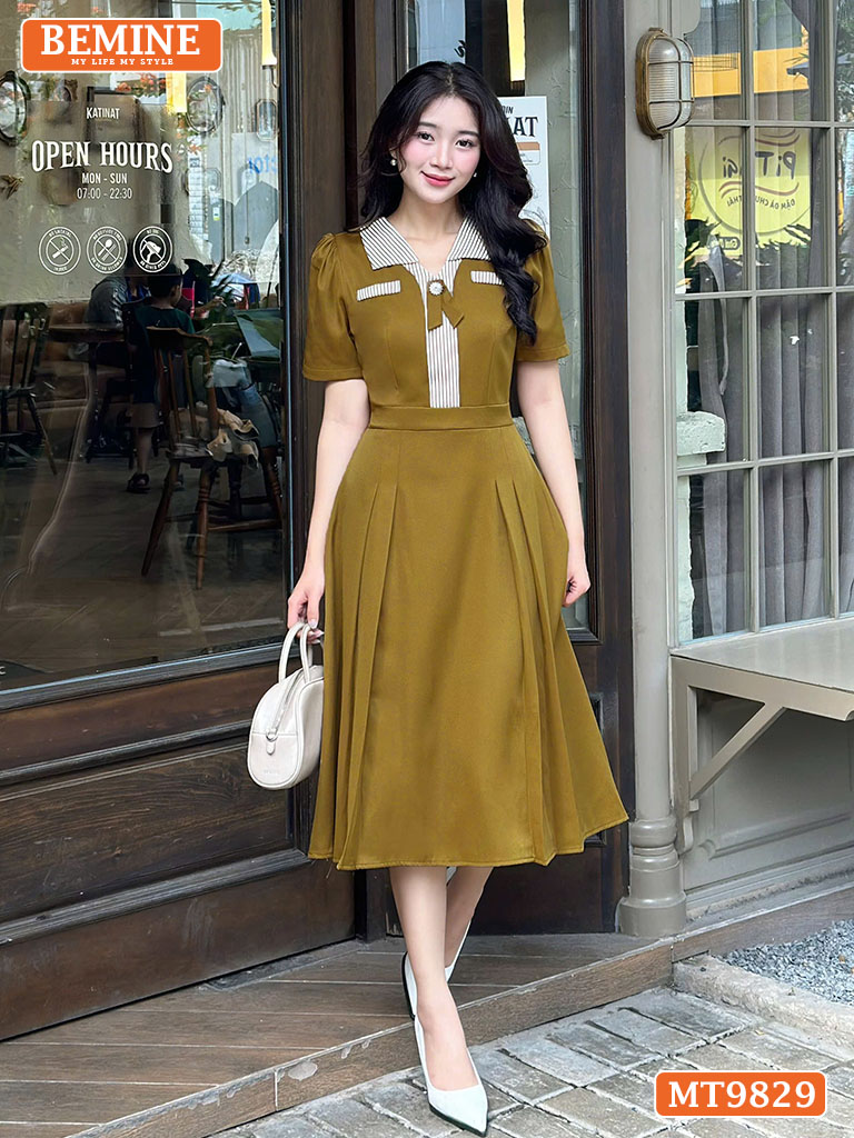 Đầm thiết kế BEMINE cổ V phối sọc MT9829