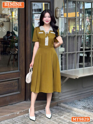 Đầm thiết kế BEMINE cổ V phối sọc MT9829