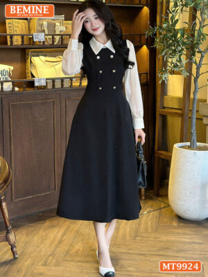 Đầm thiết kế BEMINE cổ đức phối voan có cúc MT9924