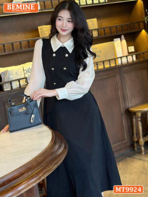 Đầm thiết kế BEMINE cổ đức phối voan có cúc MT9924
