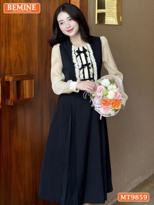 Đầm thiết kế BEMINE cổ phối ren đính nơ MT9859