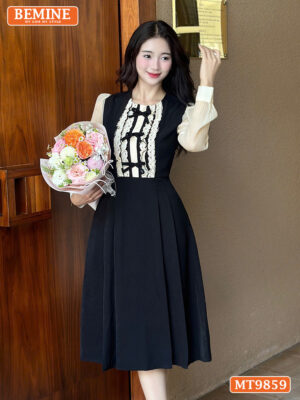 Đầm thiết kế BEMINE cổ phối ren đính nơ MT9859
