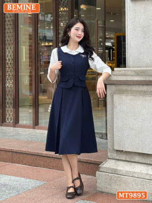 Đầm thiết kế BEMINE cổ sen dáng A phối tay dài đính nút MT9895