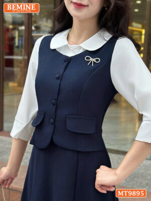 Đầm thiết kế BEMINE cổ sen dáng A phối tay dài đính nút MT9895