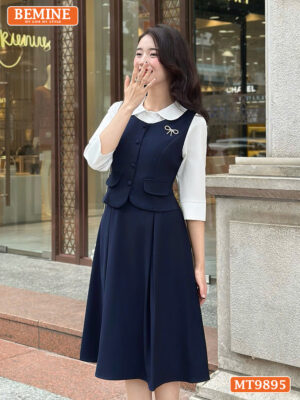 Đầm thiết kế BEMINE cổ sen dáng A phối tay dài đính nút MT9895