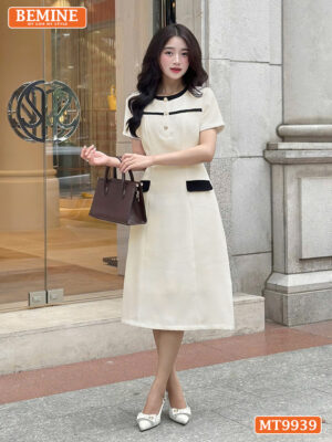 Đầm thiết kế BEMINE cổ tròn phối viền dáng chữ A túi giả MT9939