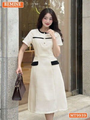 Đầm thiết kế BEMINE cổ phối viền túi giả MT9939