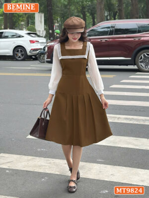 Đầm thiết kế BEMINE cổ vuông tùng xếp ly MT9824