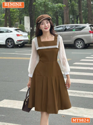 Đầm thiết kế BEMINE cổ vuông tay dài tùng nửa xếp lyMT9824