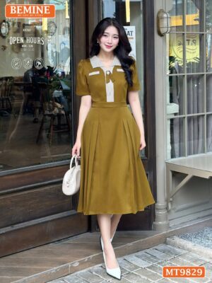Đầm thiết kế BEMINE cổ V phối sọc dáng dài phù hợp đi làm, đi chơi MT9829
