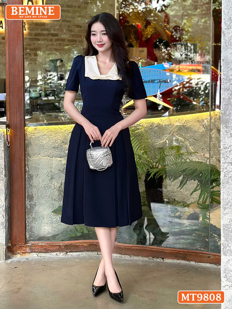 Đầm Thiết Kế BEMINE Cổ Phối Nơ Dáng Xòe MT9808