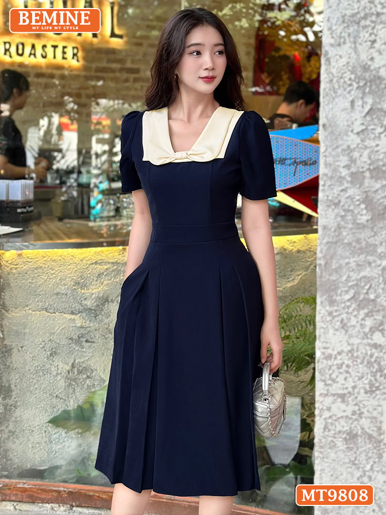Đầm Thiết Kế BEMINE Cổ Phối Nơ Dáng Xòe MT9808