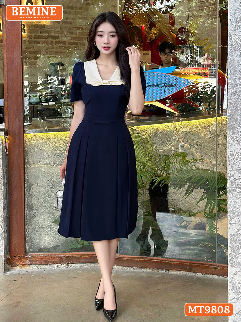 Đầm Thiết Kế BEMINE Cổ Phối Nơ Dáng Xòe MT9808