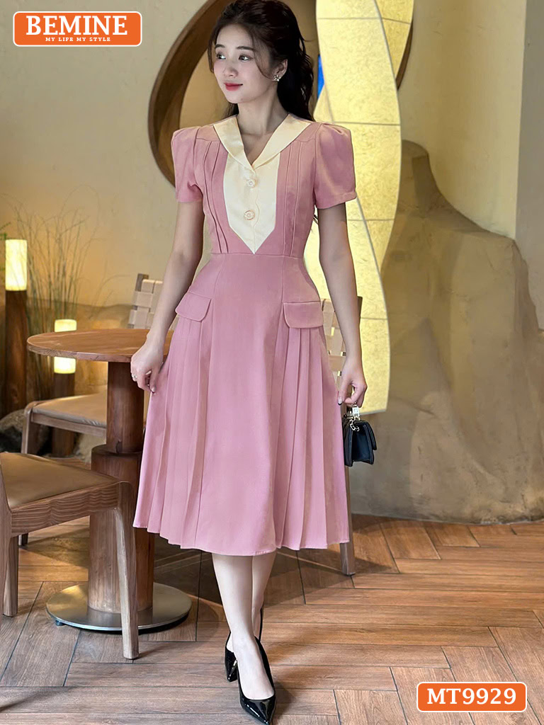 Đầm thiết kế BEMINE cổ V ngực xếp ly MT9929